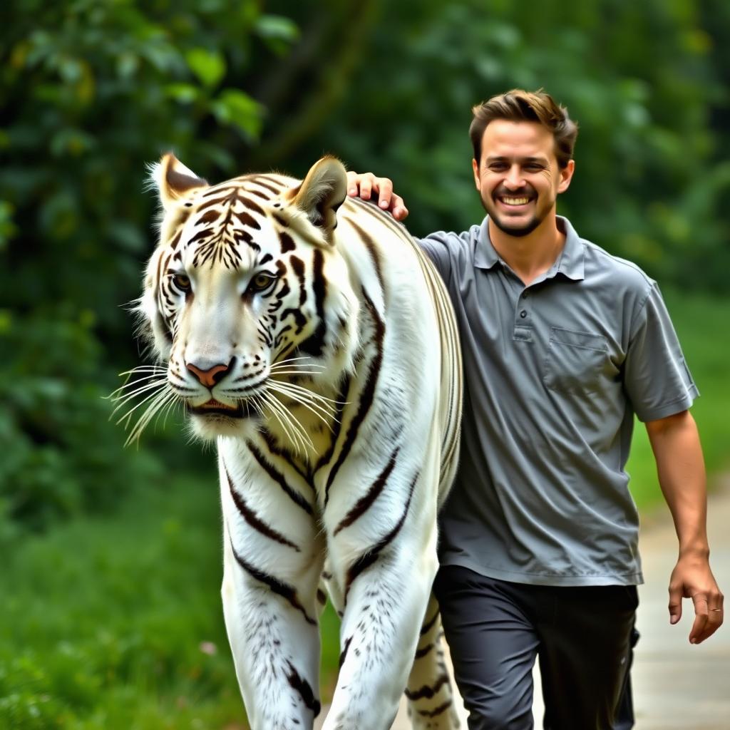 A scene featuring a man walking slowly with a majestic white tiger, both filled with purpose, approaching the camera