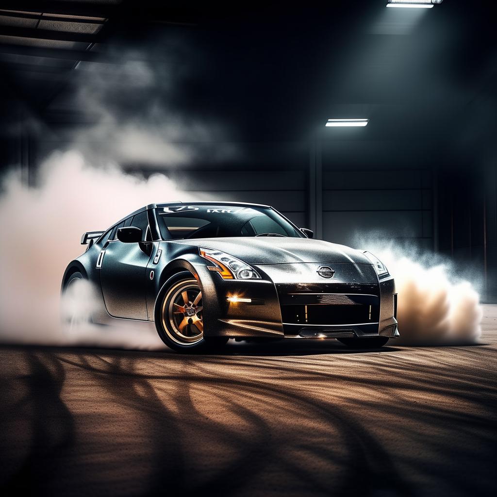 Modify the image to show the Nissan 350Z sports car in a dramatic drift, with the car's body diagonally oriented and tires smoking from the friction.