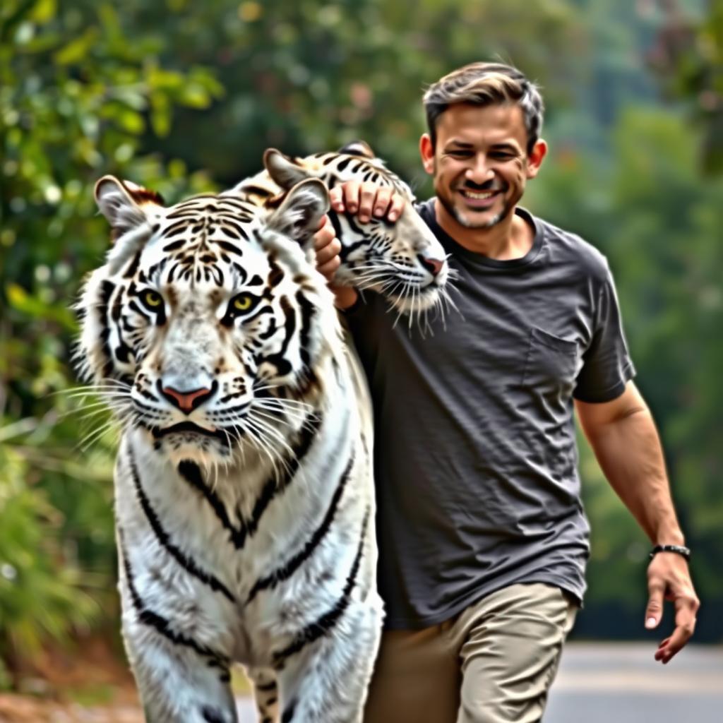 A scene depicting a man walking slowly with a stunning white tiger, both moving purposefully towards the camera