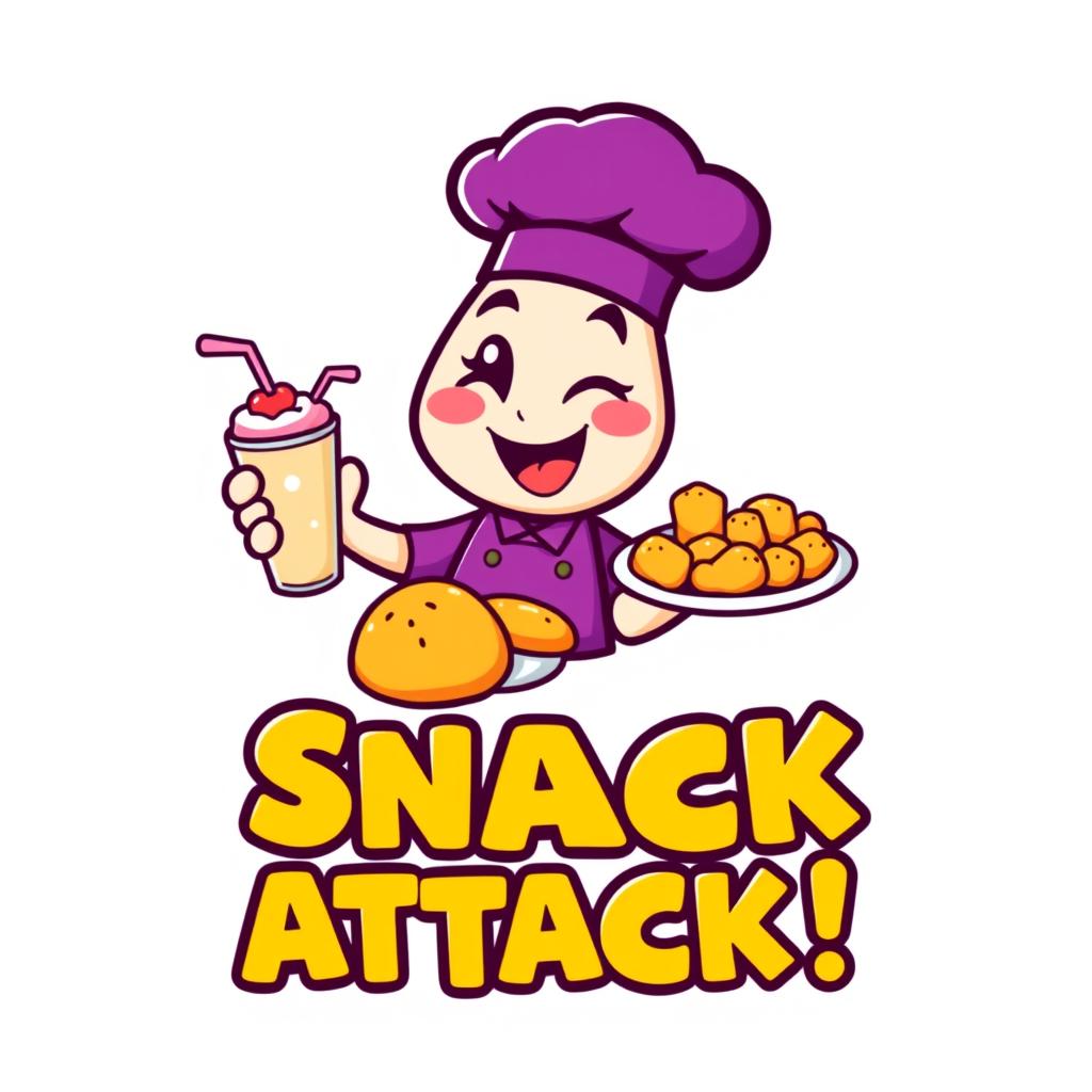 A logo featuring a cute cartoon character with a playful wink, wearing a purple chef's hat