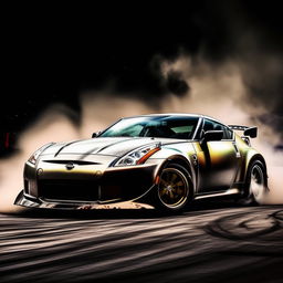 Modify the image to show the Nissan 350Z sports car in a dramatic drift, with the car's body diagonally oriented and tires smoking from the friction.