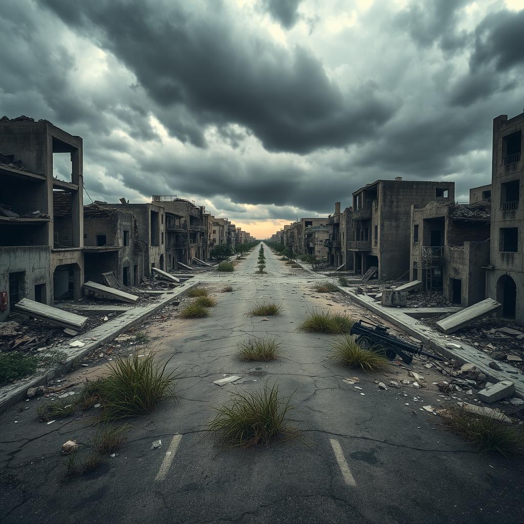 A desolate street scene in a war-torn city, showcasing the ruins of buildings and debris scattered across the ground