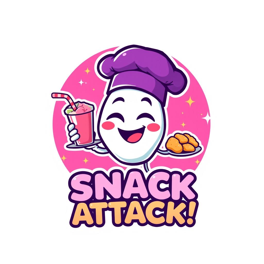 A logo design featuring a cute cartoon character with a winking expression, wearing a purple chef hat
