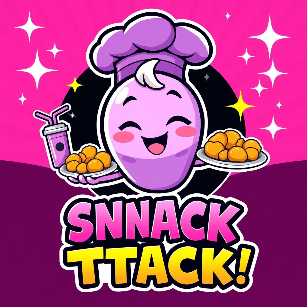A cute winking cartoon character wearing a purple chef hat, joyfully handing over a delicious ube shake and a plate of chicken nuggets