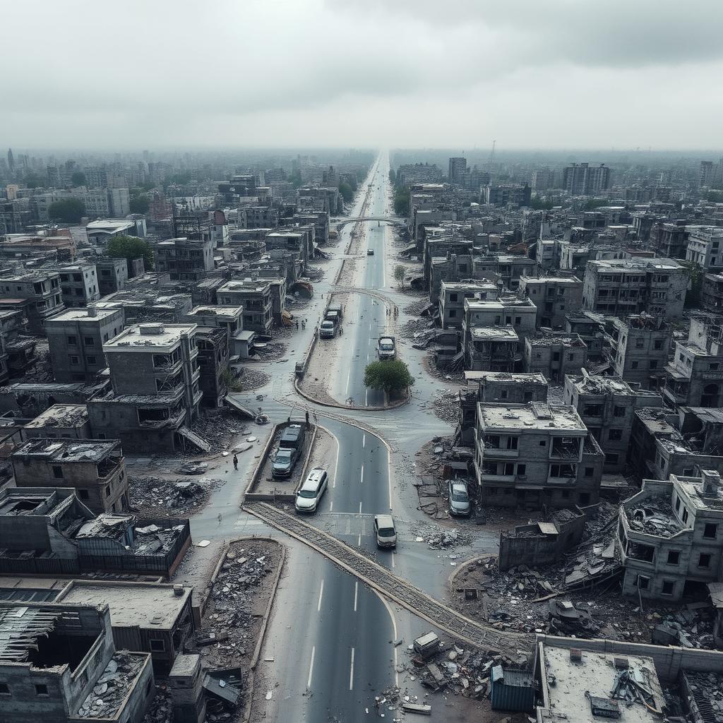Aerial view of a city in ruins due to war, showcasing multiple streets lined with destroyed buildings and debris