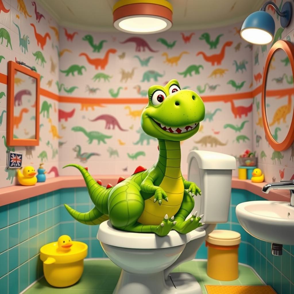 A whimsical scene featuring a cartoon dinosaur sitting comfortably on a large, colorful toilet in a bright, cheerful bathroom