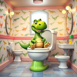 A whimsical scene featuring a cartoon dinosaur sitting comfortably on a large, colorful toilet in a bright, cheerful bathroom
