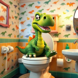 A whimsical scene featuring a cartoon dinosaur sitting comfortably on a large, colorful toilet in a bright, cheerful bathroom
