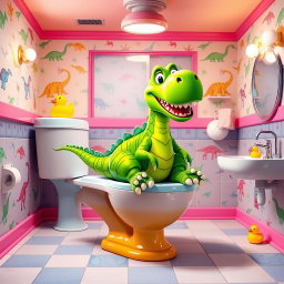 A whimsical scene featuring a cartoon dinosaur sitting comfortably on a large, colorful toilet in a bright, cheerful bathroom