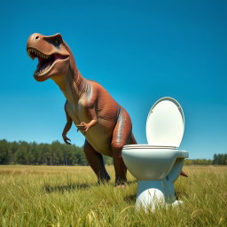A realistic depiction of a dinosaur, specifically a majestic Tyrannosaurus Rex, standing next to a large, modern toilet placed in a grassy field under a clear blue sky