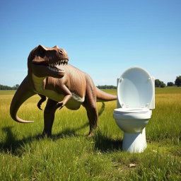 A realistic depiction of a dinosaur, specifically a majestic Tyrannosaurus Rex, standing next to a large, modern toilet placed in a grassy field under a clear blue sky