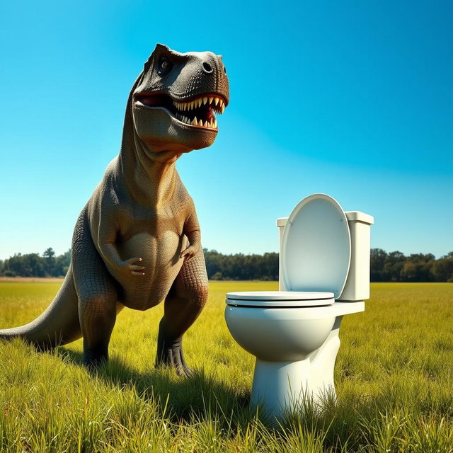 A realistic depiction of a dinosaur, specifically a majestic Tyrannosaurus Rex, standing next to a large, modern toilet placed in a grassy field under a clear blue sky