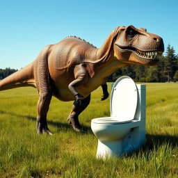 A realistic depiction of a dinosaur, specifically a majestic Tyrannosaurus Rex, standing next to a large, modern toilet placed in a grassy field under a clear blue sky