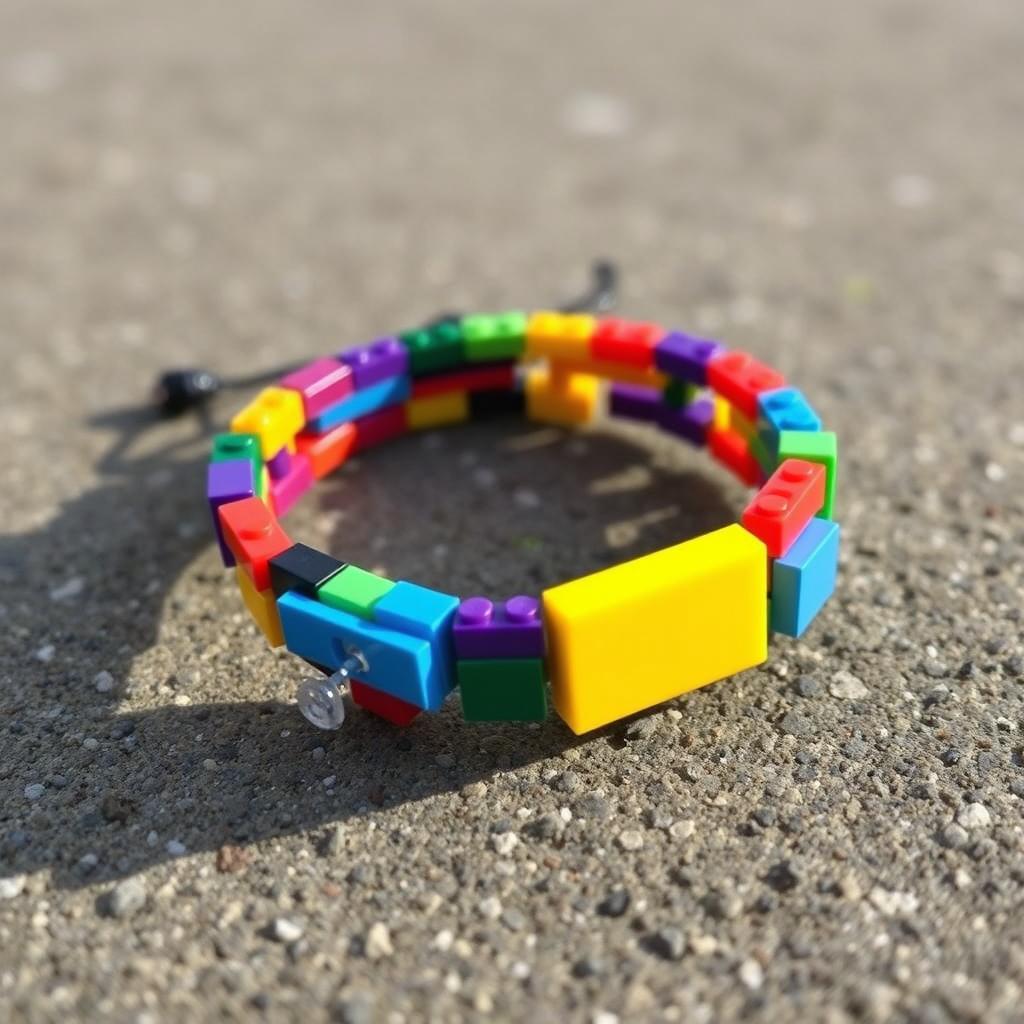 A visually striking and creative bracelet made from colorful LEGO bricks, designed to be both delicate and functional