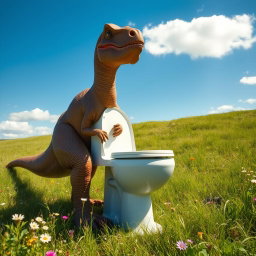A realistic brown dinosaur, resembling a large Brachiosaurus, sitting on a modern white toilet in a lush green field under a bright blue sky