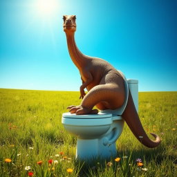 A realistic brown dinosaur, resembling a large Brachiosaurus, sitting on a modern white toilet in a lush green field under a bright blue sky