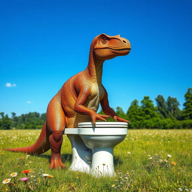 A realistic brown dinosaur, resembling a large Brachiosaurus, sitting on a modern white toilet in a lush green field under a bright blue sky
