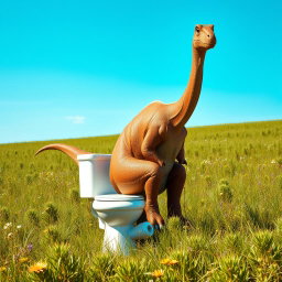 A realistic brown dinosaur, resembling a large Brachiosaurus, sitting on a modern white toilet in a lush green field under a bright blue sky