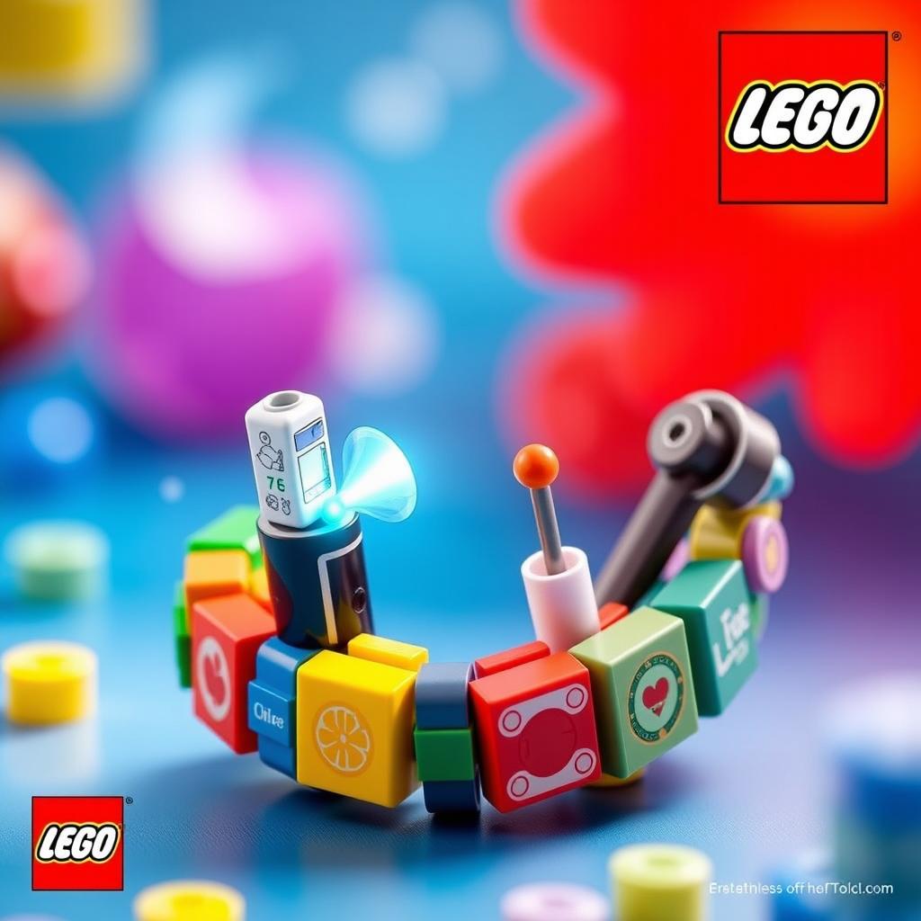 A vibrant and colorful promotional image for a new product from the LEGO brand, showcasing a delicate LEGO bracelet creatively holding small tools like a miniature flashlight
