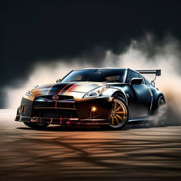 Modify the image to show the Nissan 350Z sports car in a dramatic drift, with the car's body diagonally oriented and tires smoking from the friction.