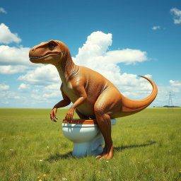 A big, realistic brown dinosaur, resembling a massive Theropod, sitting humorously on a white toilet in a vast, open field