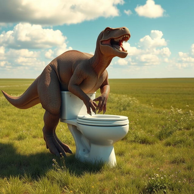 A big, realistic brown dinosaur, resembling a massive Theropod, sitting humorously on a white toilet in a vast, open field