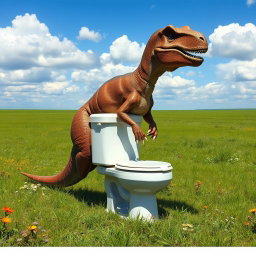 A big, realistic brown dinosaur, resembling a massive Theropod, sitting humorously on a white toilet in a vast, open field