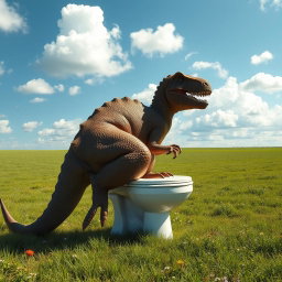 A big, realistic brown dinosaur, resembling a massive Theropod, sitting humorously on a white toilet in a vast, open field