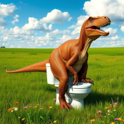 A big, realistic brown dinosaur, resembling a massive Allosaurus, humorously sitting on a white toilet in a vibrant green field