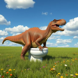 A big, realistic brown dinosaur, resembling a massive Allosaurus, humorously sitting on a white toilet in a vibrant green field