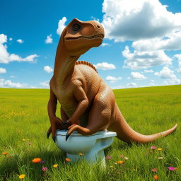 A big, realistic brown dinosaur, resembling a massive Allosaurus, humorously sitting on a white toilet in a vibrant green field