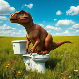 A big, realistic brown dinosaur, resembling a massive Allosaurus, humorously sitting on a white toilet in a vibrant green field