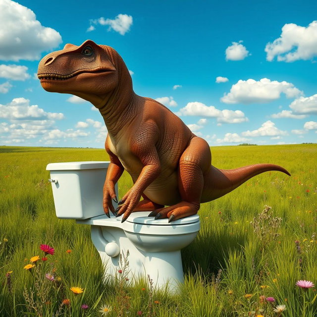 A big, realistic brown dinosaur, resembling a massive Allosaurus, humorously sitting on a white toilet in a vibrant green field