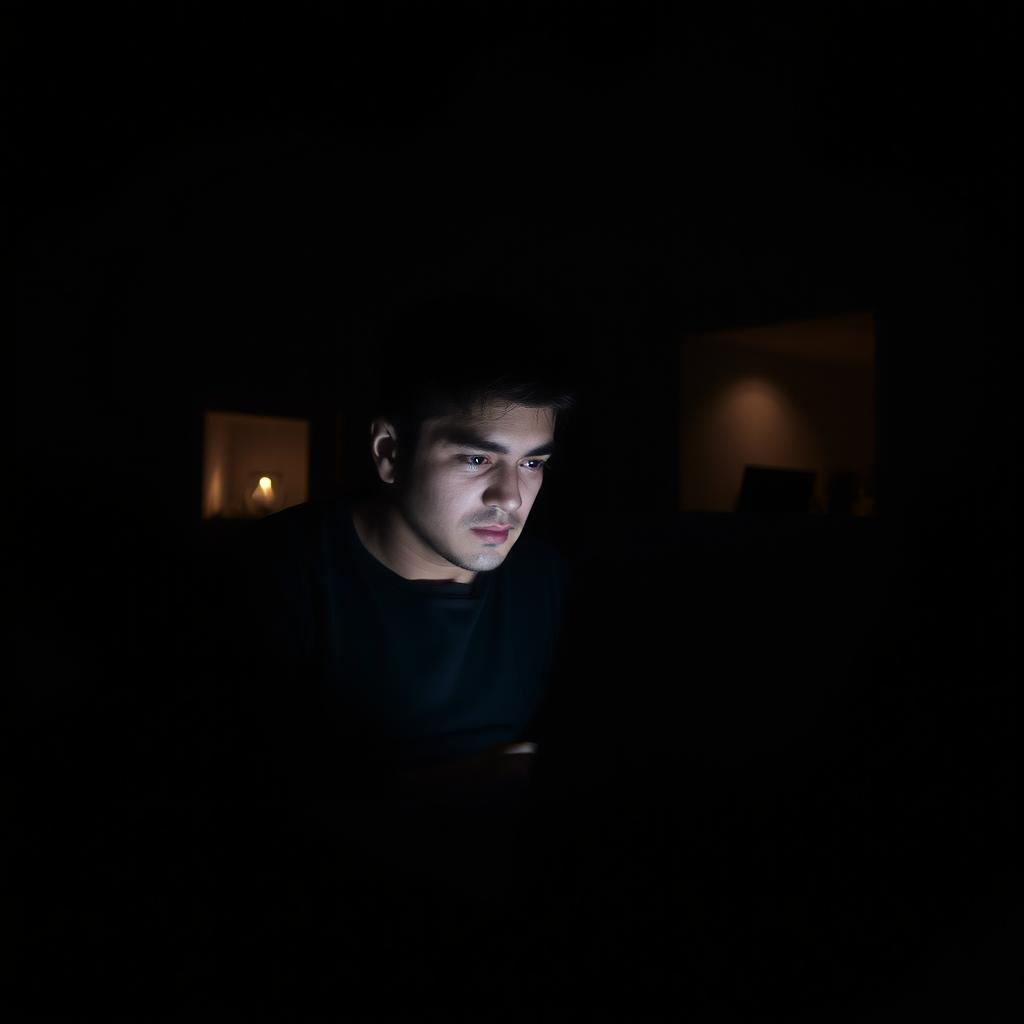 A man sitting in a dimly lit room, focused on his laptop screen