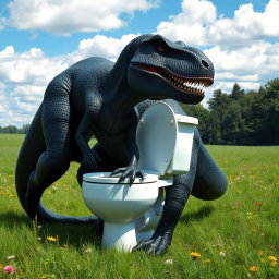 A big, realistic black dinosaur, resembling a formidable T-Rex, humorously sitting on a white toilet in a sprawling green field