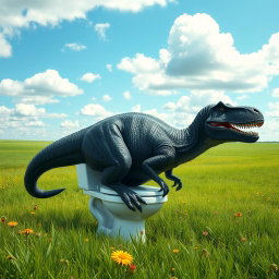 A big, realistic black dinosaur, resembling a formidable T-Rex, humorously sitting on a white toilet in a sprawling green field