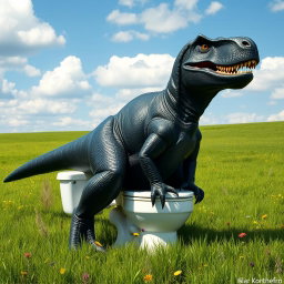 A big, realistic black dinosaur, resembling a formidable T-Rex, humorously sitting on a white toilet in a sprawling green field
