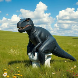 A big, realistic black dinosaur, resembling a formidable T-Rex, humorously sitting on a white toilet in a sprawling green field