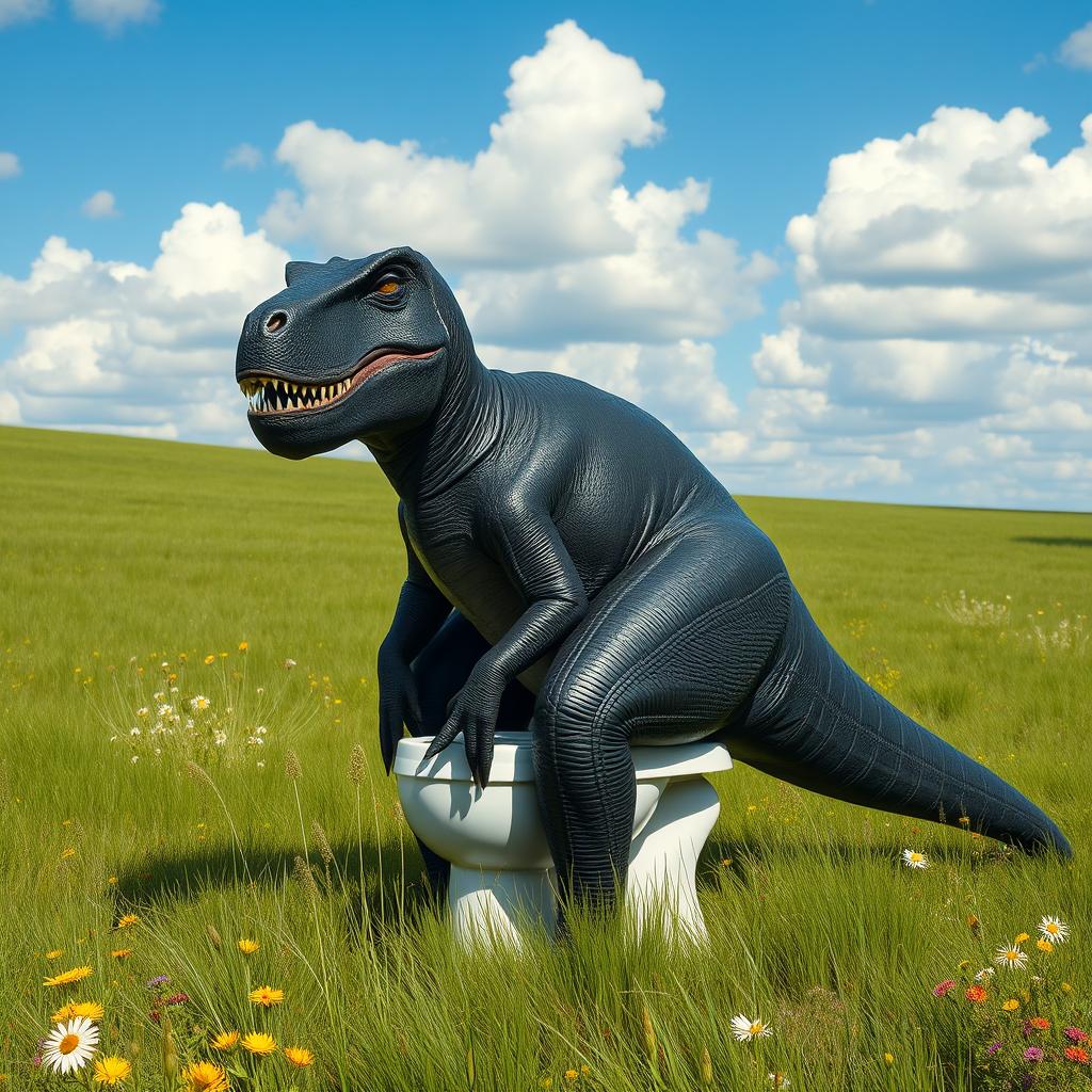 A big, realistic black dinosaur, resembling a formidable T-Rex, humorously sitting on a white toilet in a sprawling green field