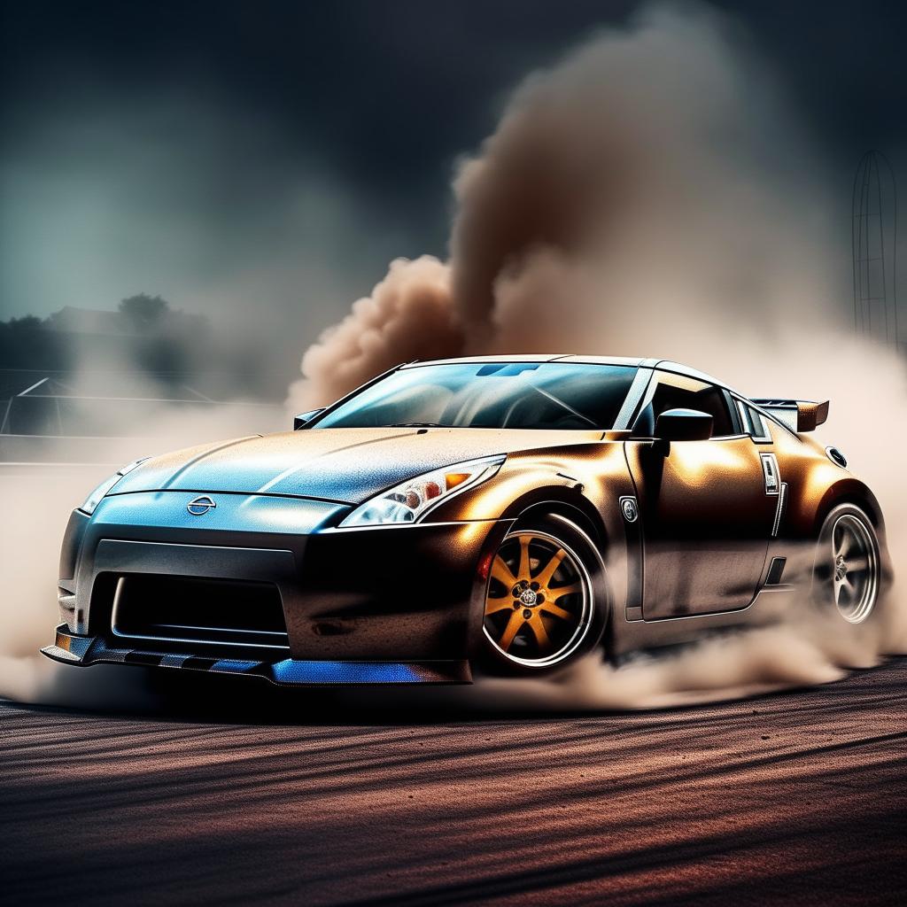 Modify the image to show the Nissan 350Z sports car in a dramatic drift, with the car's body diagonally oriented and tires smoking from the friction.