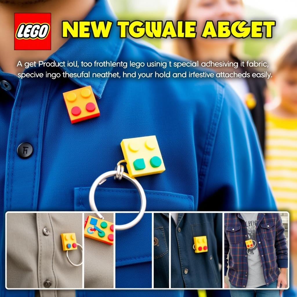 A creative advertisement showcasing a new LEGO product: a gadget that adheres to clothing using a special fabric adhesive