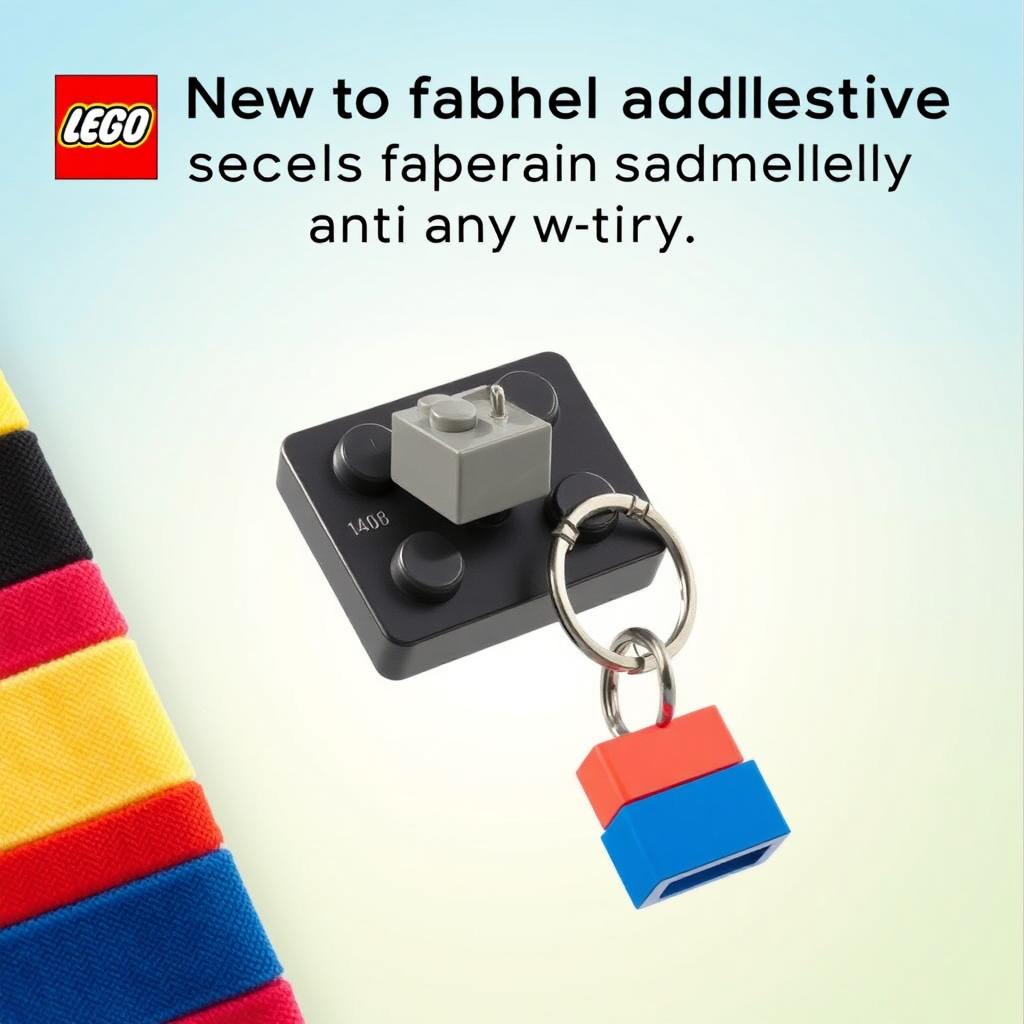 A creative depiction of a new LEGO product: a unique gadget that features a special fabric adhesive designed to attach seamlessly to any clothing