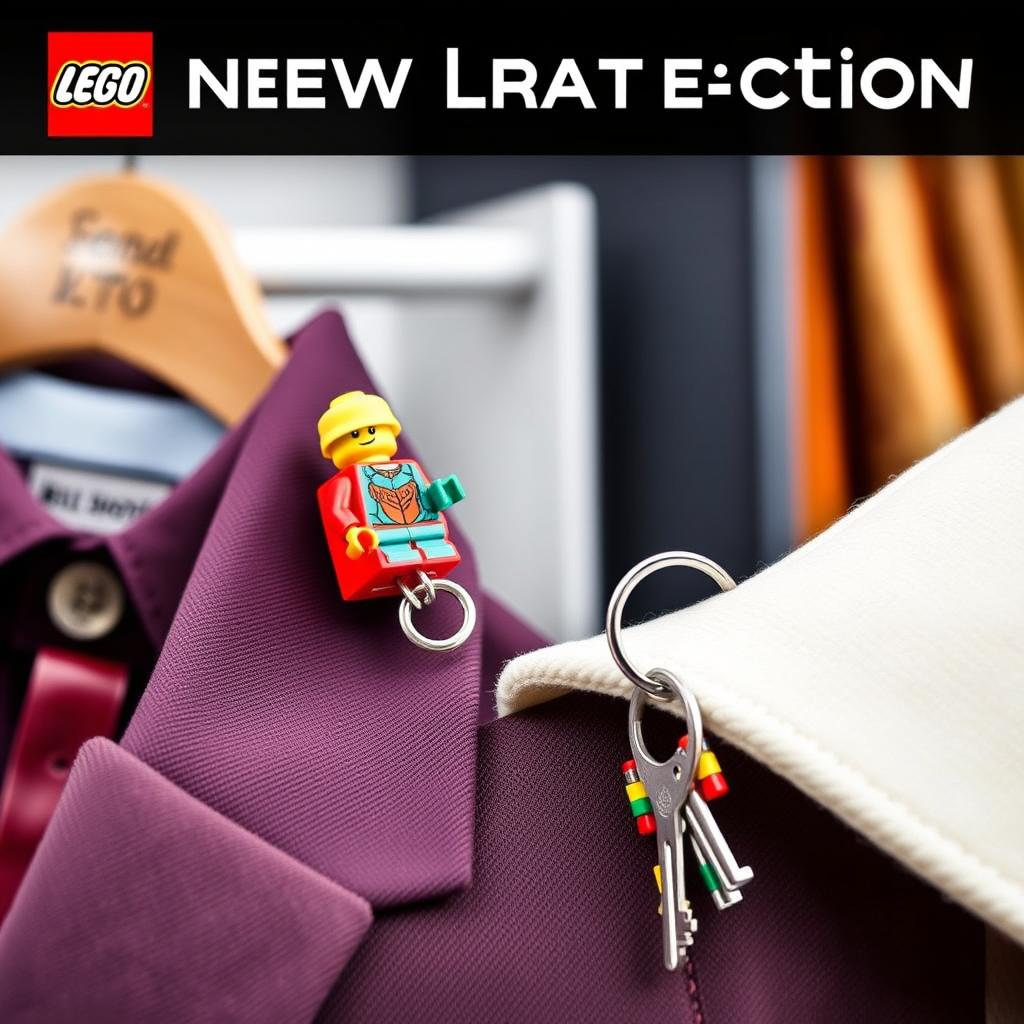 A vibrant and detailed image of a new LEGO product: a gadget designed to attach to various clothing items using a special fabric adhesive