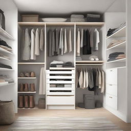 A spacious, well-organised closet room filled with a variety of clothes, shoes, and accessories. The room is well lit, displaying neatly folded piles and carefully hung outfits.