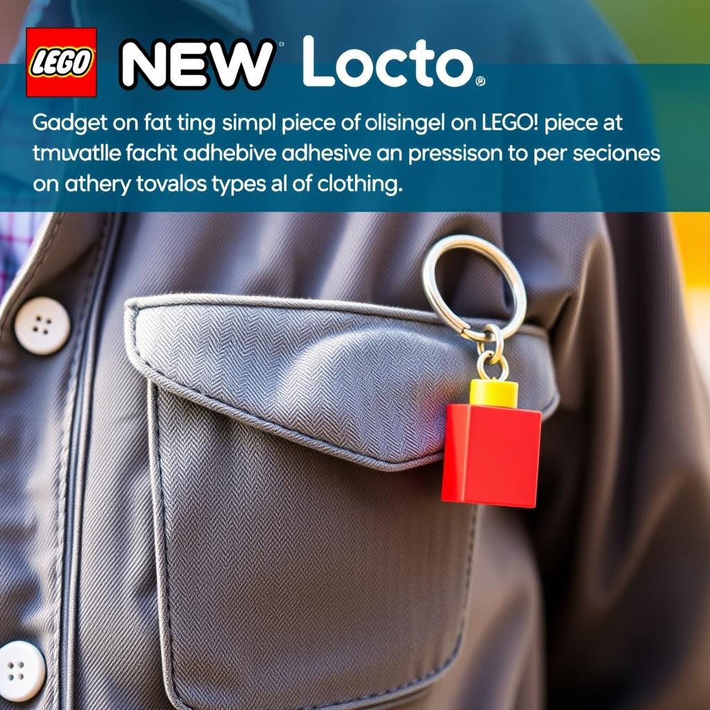 A creative promotional image showcasing a new LEGO product, a gadget designed for clothing attachment