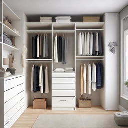 A spacious, well-organised closet room filled with a variety of clothes, shoes, and accessories. The room is well lit, displaying neatly folded piles and carefully hung outfits.