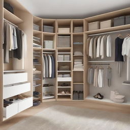 A spacious, well-organised closet room filled with a variety of clothes, shoes, and accessories. The room is well lit, displaying neatly folded piles and carefully hung outfits.