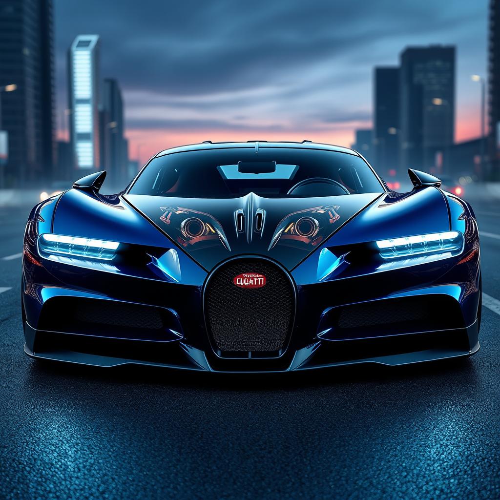 A highly realistic, front side view of a futuristic hypercar, inspired by Bugatti's design philosophy