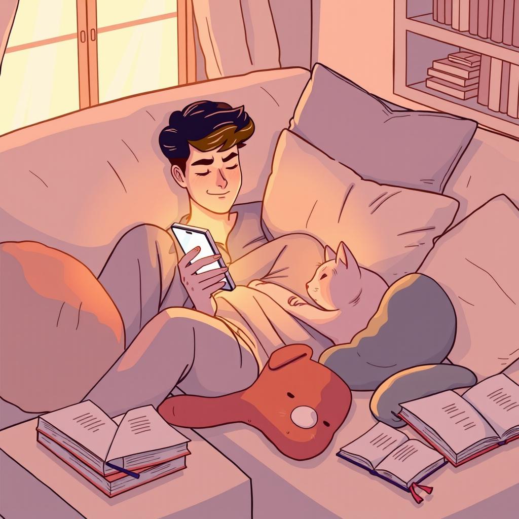 An illustration of a person lounging comfortably on a sofa, scrolling through their smartphone