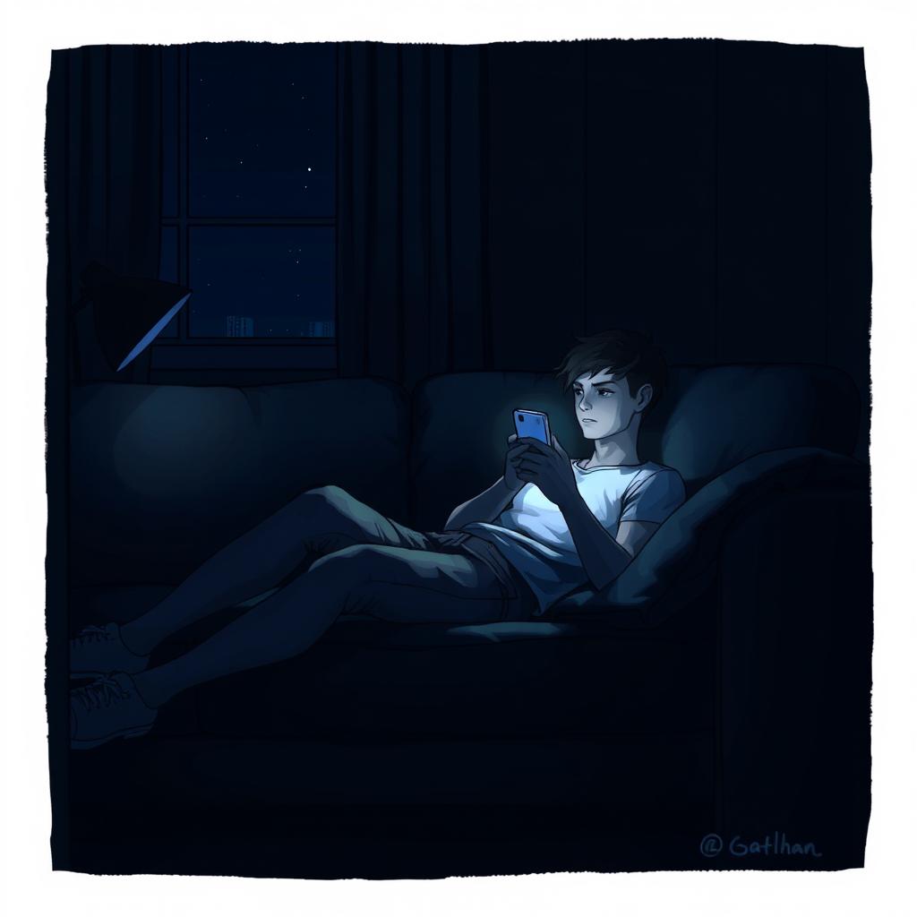A realistic, dark-themed illustration of a person lounging in a dimly lit room, scrolling through their smartphone